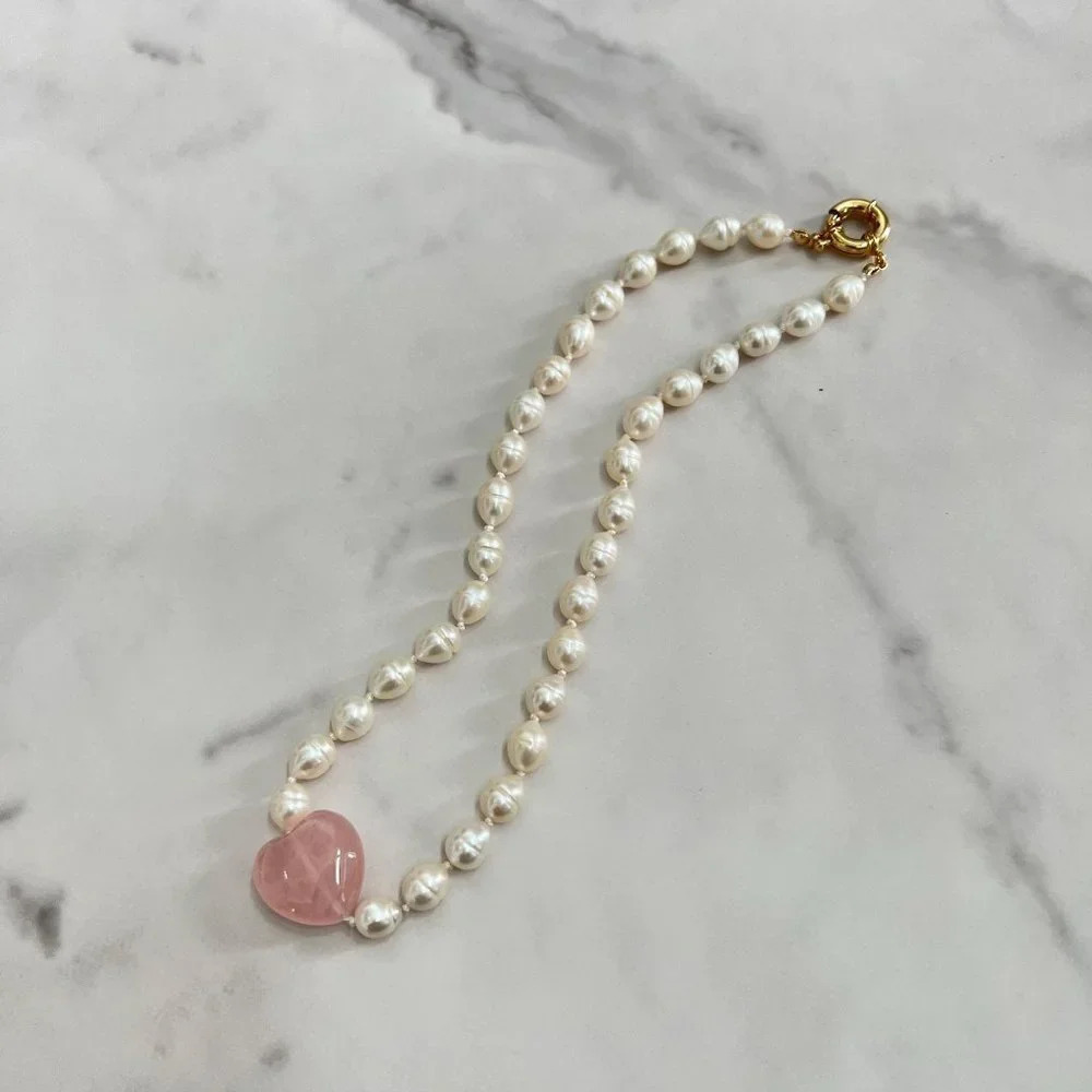 Baroque Freshwater Pearl Rose Quartz Heart Beaded Necklace - Picture 3 of 5